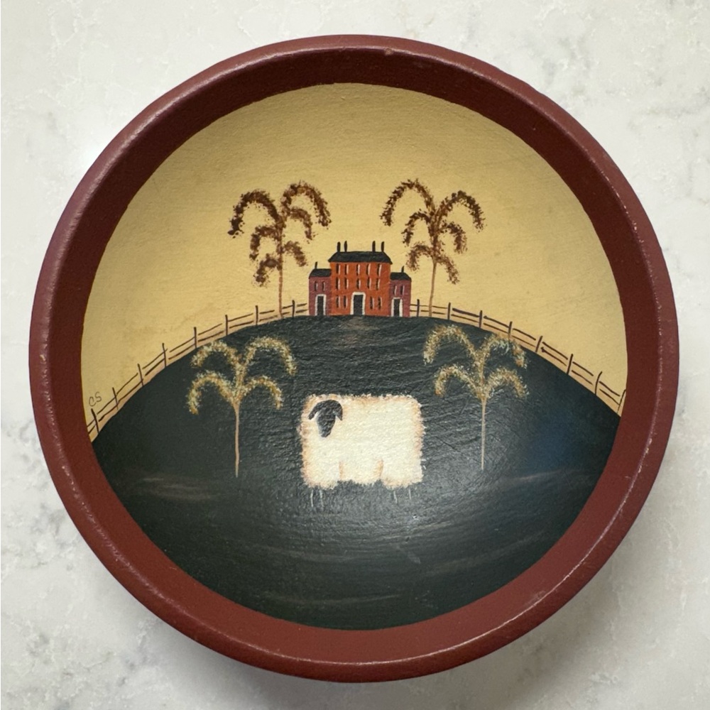 Handpainted Rustic Sheep and Farmhouse Wooden Folk Art Bowl